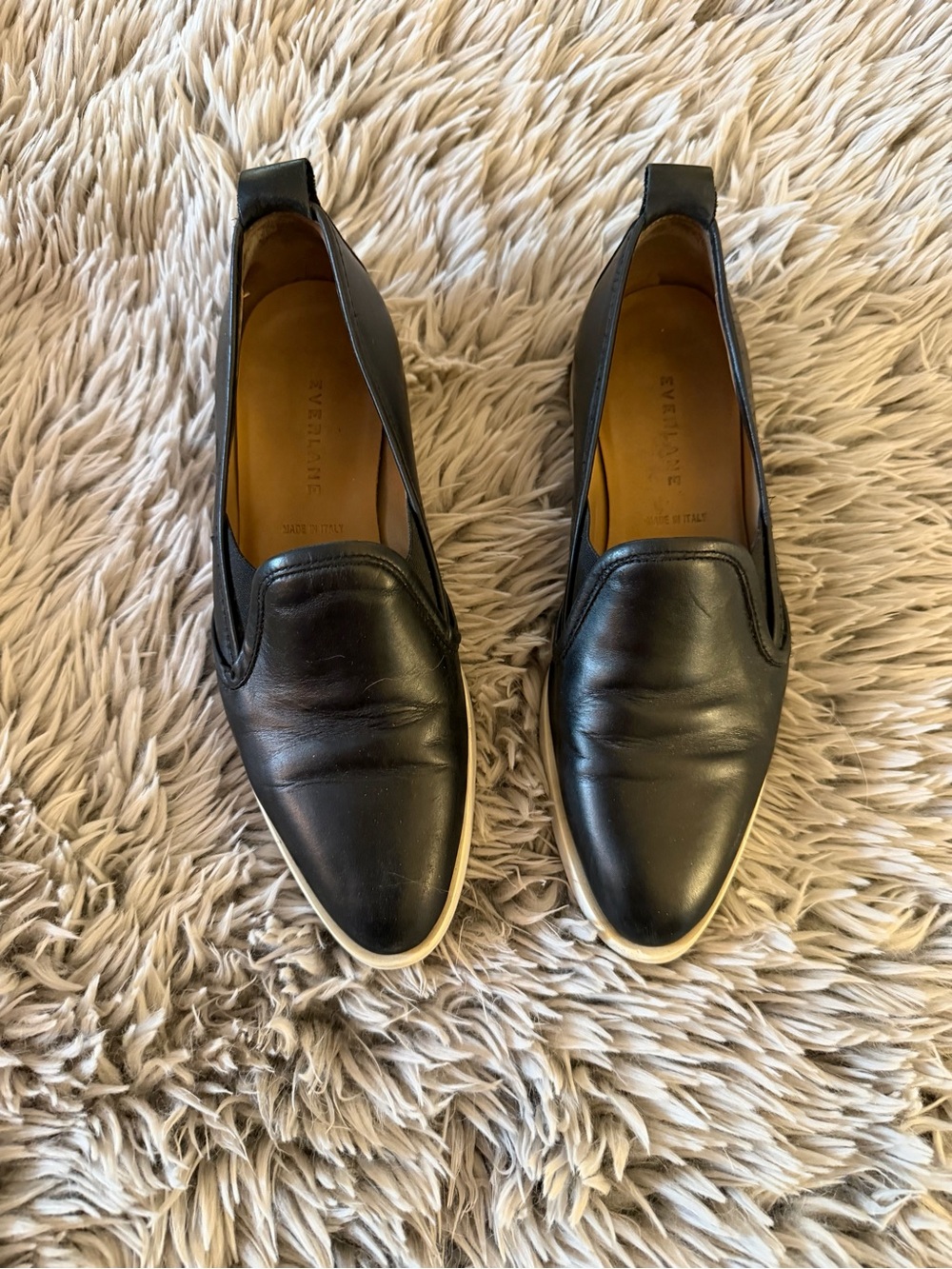 Everlane Black Leather Slip-On Loafers with White Sole